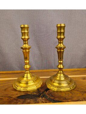 Pair Of Vintage Brass Candlestick Holders With Ornate Design - 8" Tall 4.5" Base